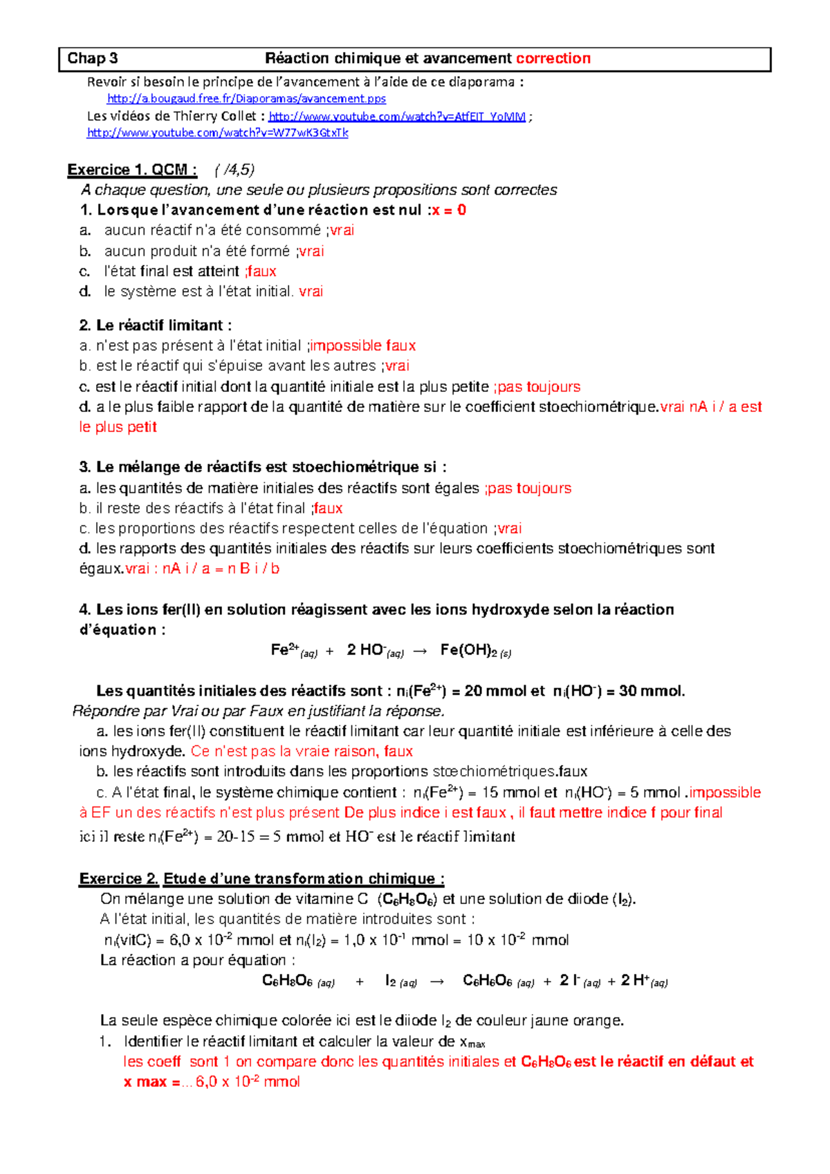 Chap 3 Réactions Chimiques et Avancement - Exercices et Corrections ...