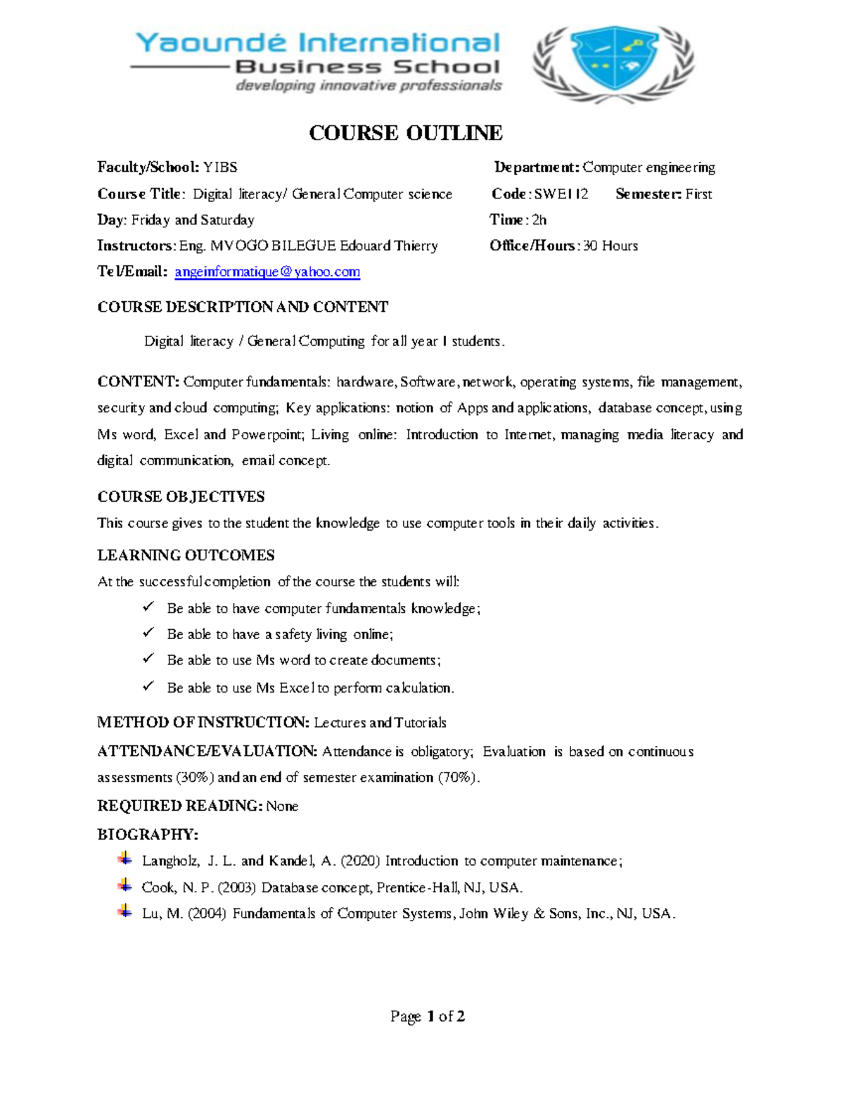 Course outline Digital literacy - Page 1 of 2 COURSE OUTLINE Faculty ...