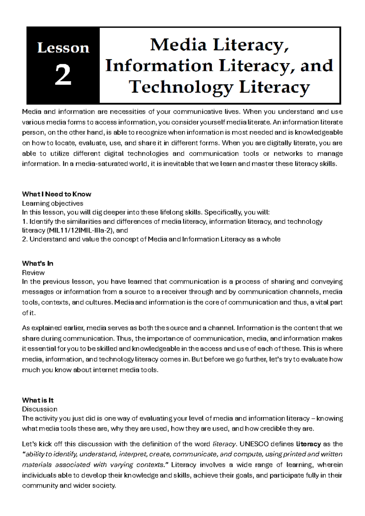 MIL- Lesson 2 - Mastering Media and Information Literacy Skills - Studocu