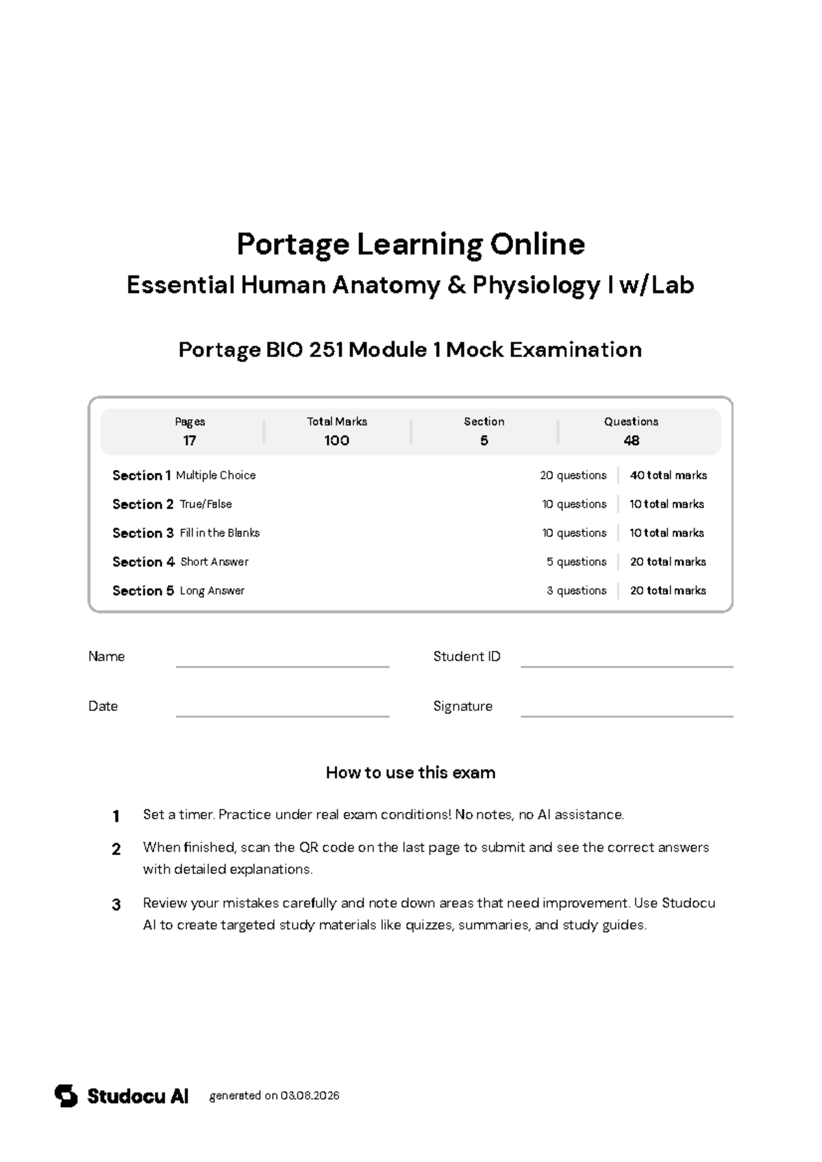Portage BIO 251 Module 1 Mock Exam - Studocu