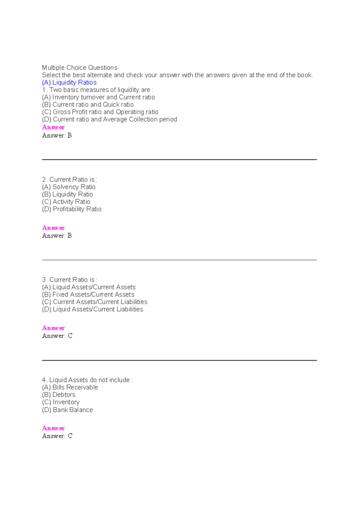 Ratios MCQs for Exam Prep - Financial Analysis (Course Code: MCQS ...