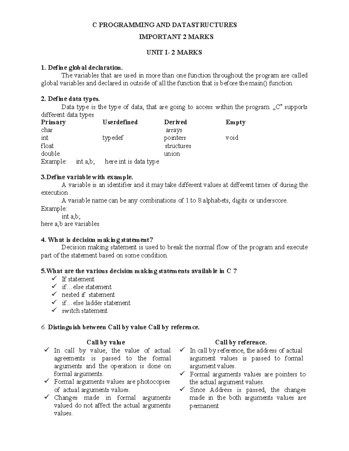 C PROGRAMMING AND DATA STRUCTURES IMPORTANT 2 MARKS UNIT 2 - Studocu
