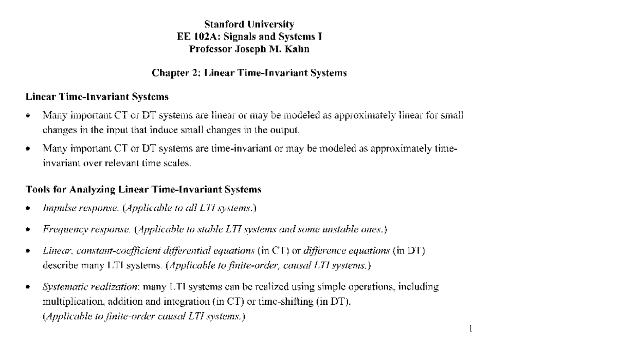 Stanford University EE 102A: Chapter 2 - Linear Systems Overview - Studocu
