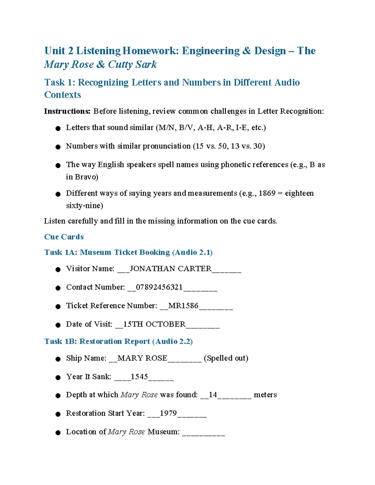 Unit 2 Listening Homework: Engineering Design & Audio Tasks - Studocu