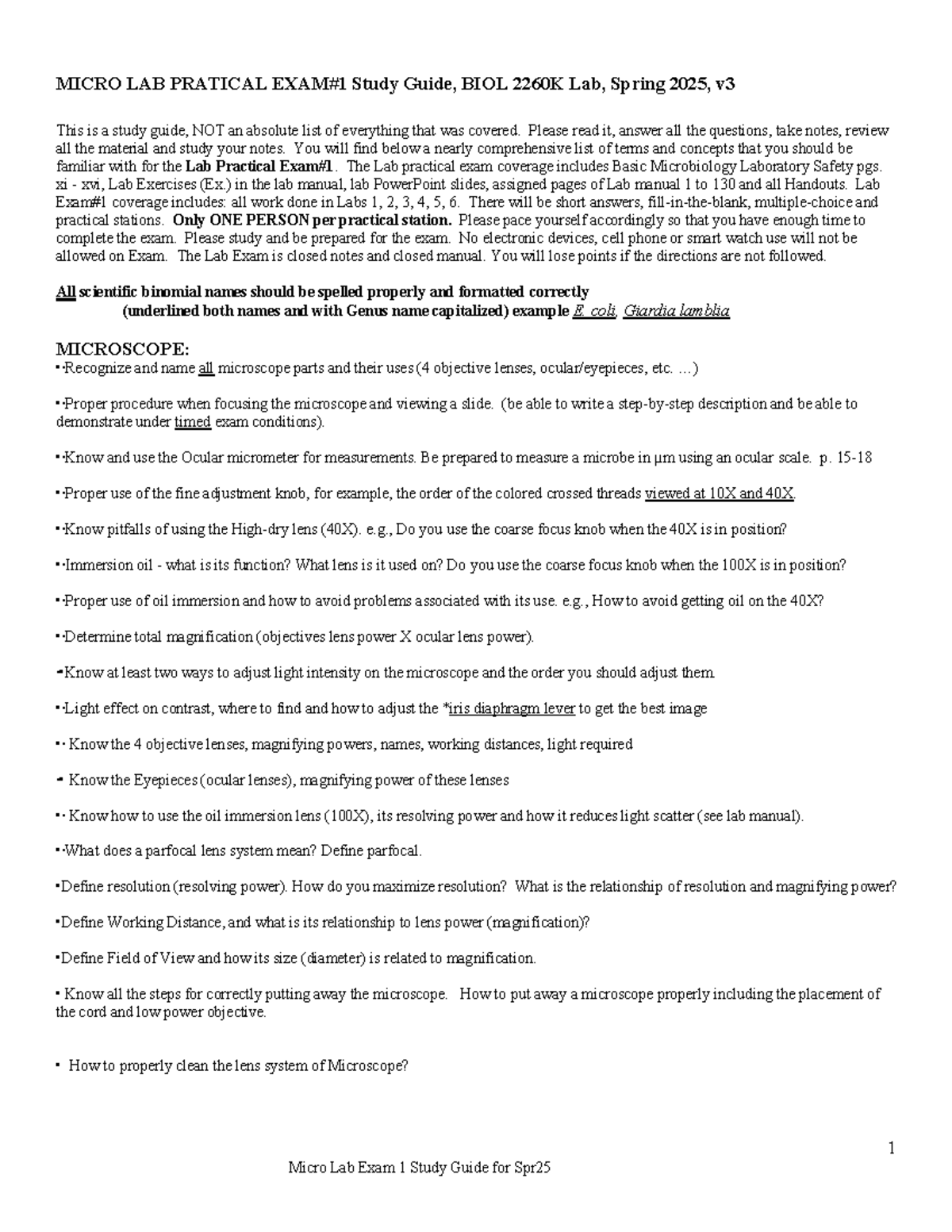 BIOL 2260K Micro Lab Exam #1 Study Guide - Spring 2025 - Studocu