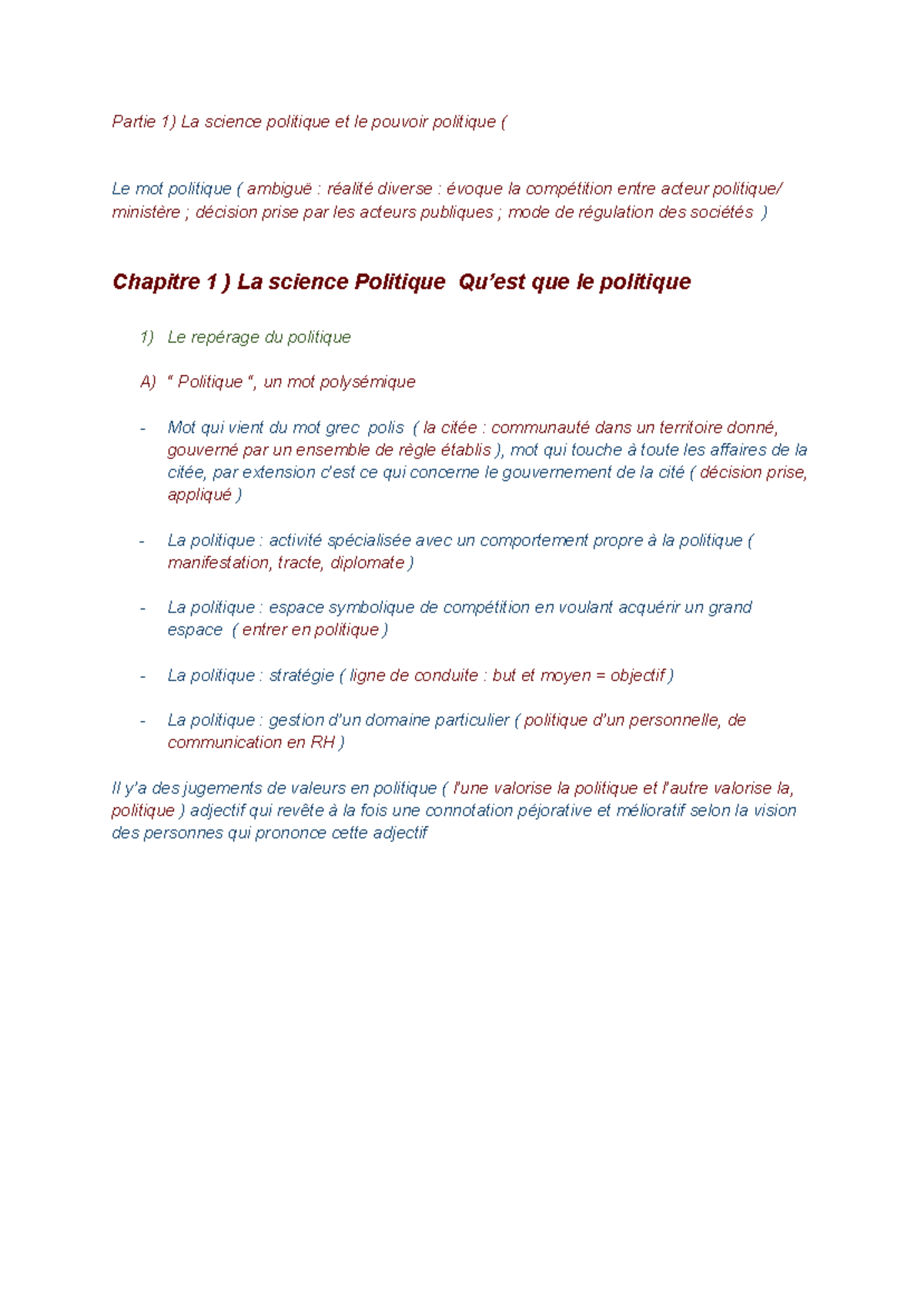 Science Politique - Notes de Cours (Chapitre 1) - Studocu