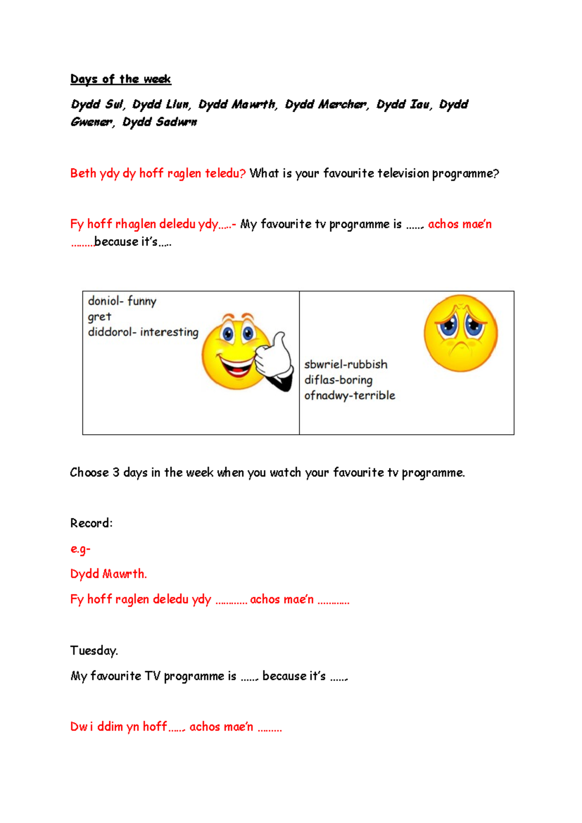Welsh Lesson Year 7: Days of the Week and TV Programmes Guide - Studocu