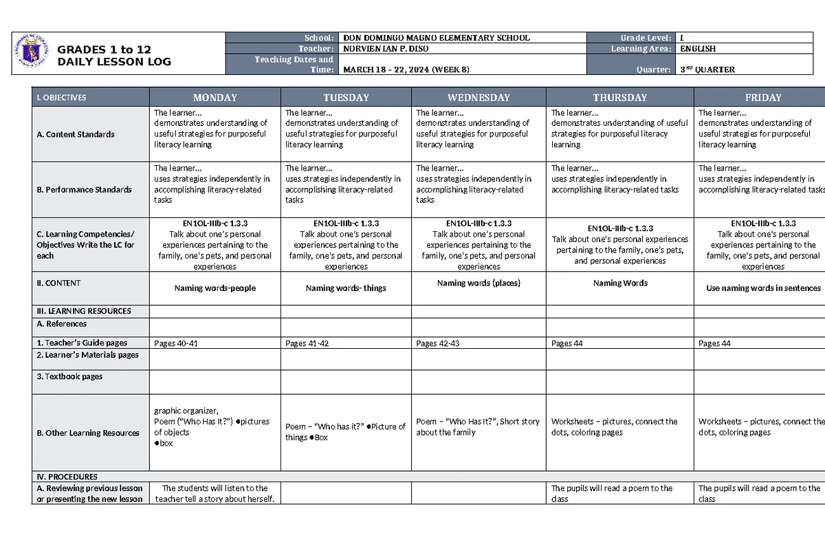 DLL Mathematics 1 Q3 W8 - Math 1 DLL - GRADES 1 to 12 DAILY LESSON LOG ...