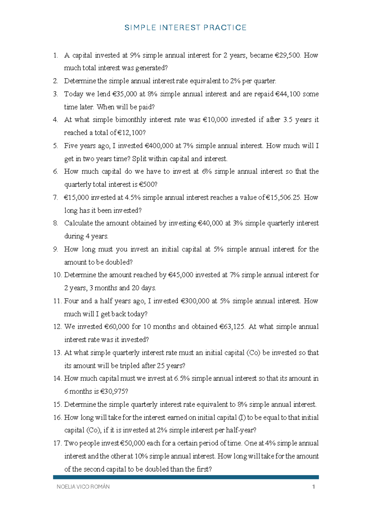 SIMPLE INTEREST PRACTICE EXERCISES - FIN 101 - Studocu