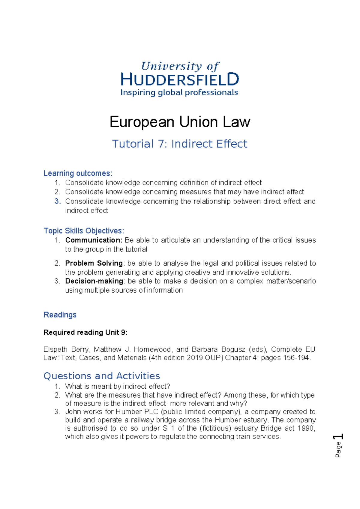 Eu law Tutorial 7 - Page 1 European Union Law Tutorial 7: Indirect ...