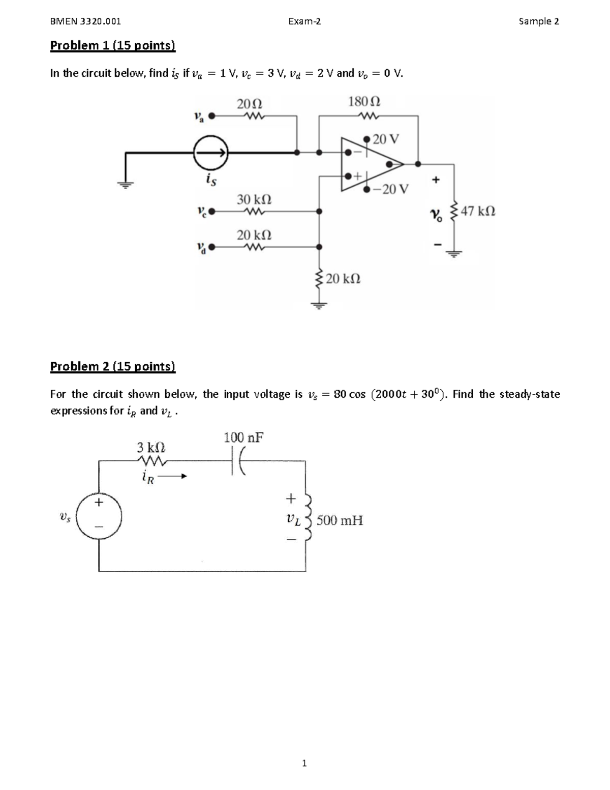 BMEN 3320.001 Exam-2 Sample 2 Solutions and Problems - Problem 1 (15 ...