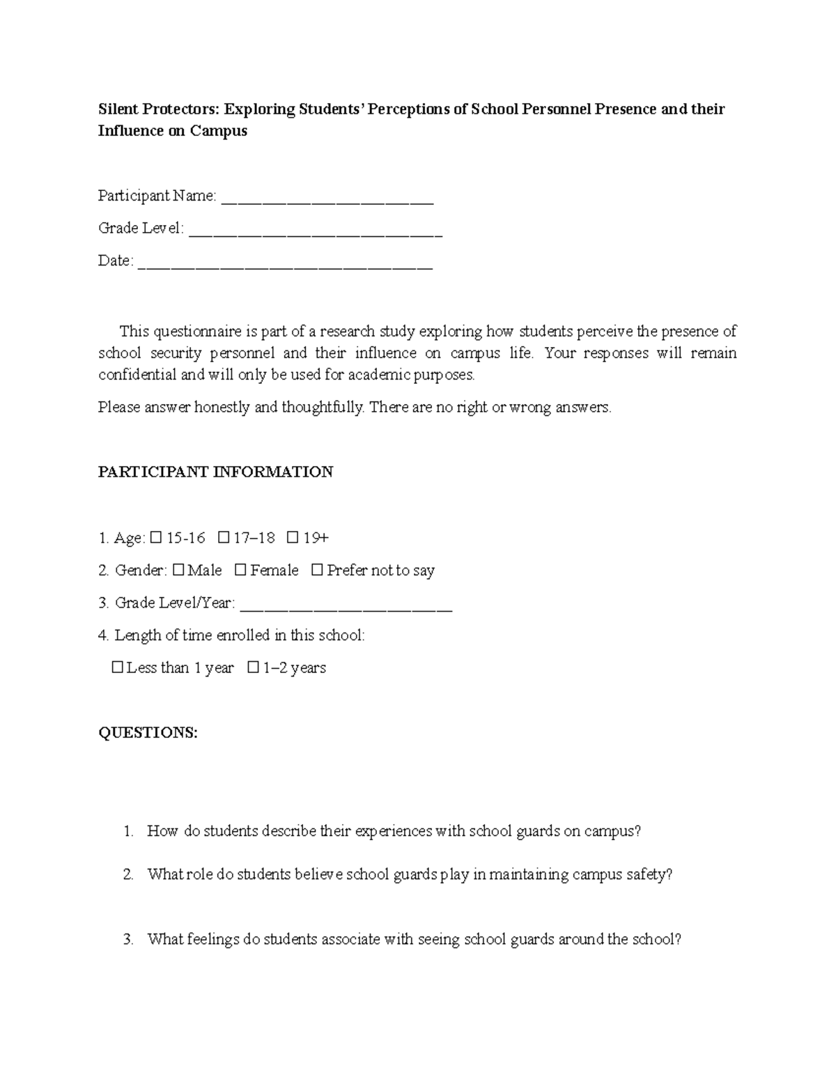 EDU 101: Research Questionnaire on School Security Personnel ...