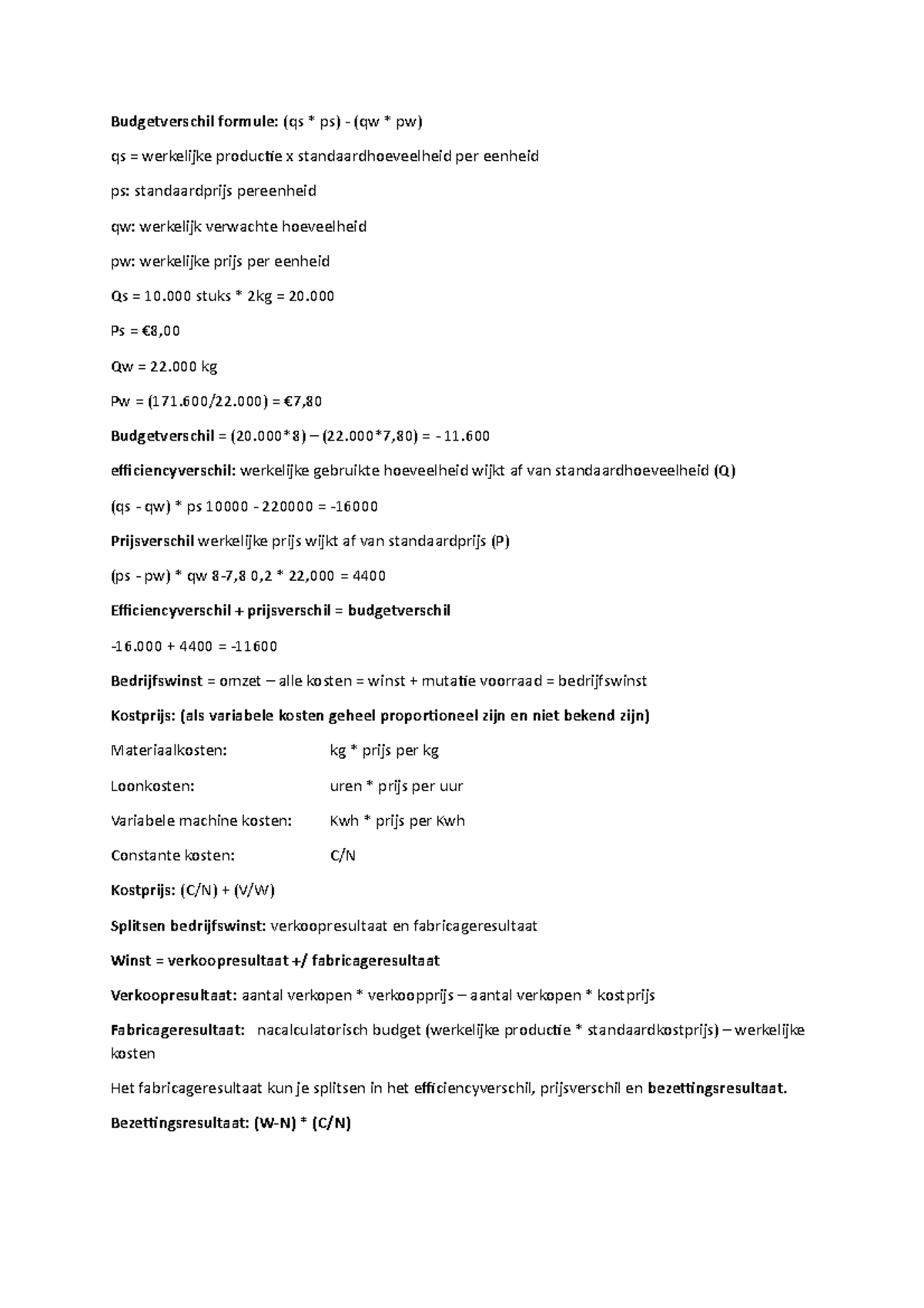 Formules Budgettering Saxion Jaar 3 - Inzicht in Winst en Kosten ...