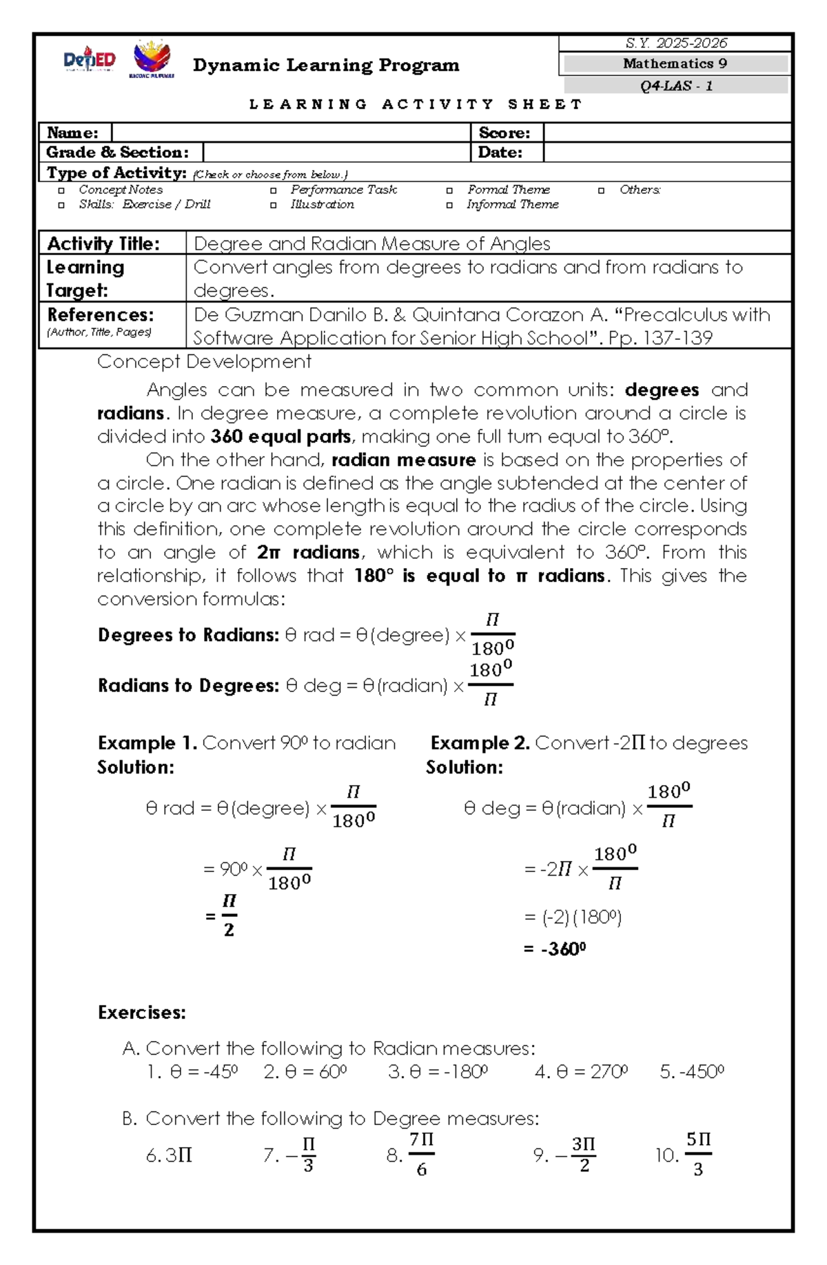FIN Q4 LAS&TN Math 9 Consolidated Learning Activities on Angles and ...