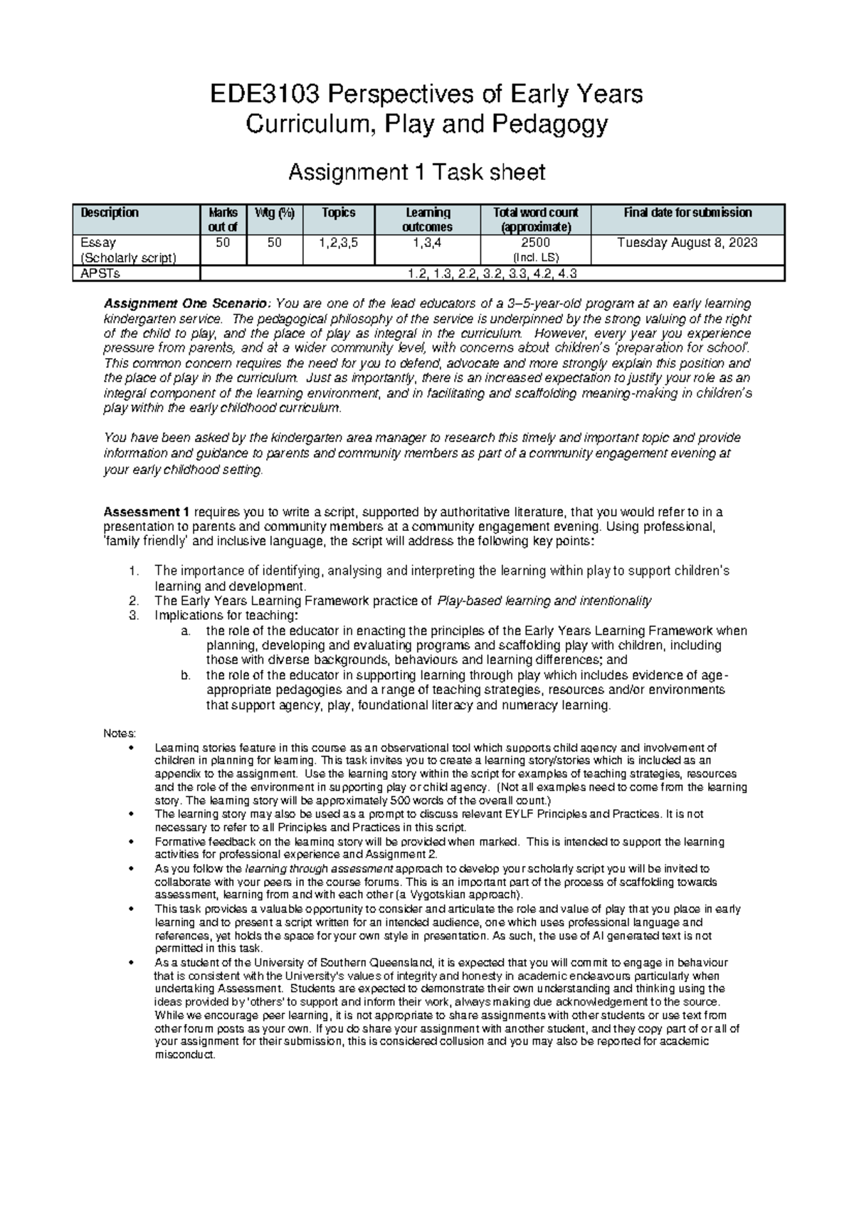 EDE3103 Assignment 1: Play-Based Learning in Early Childhood Education ...