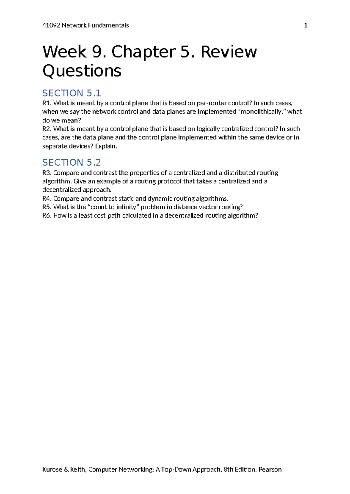 41092 Network Fundamentals Week 9 Review Questions on Control Planes ...