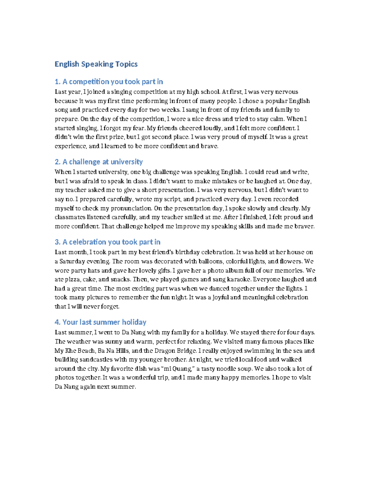 English Speaking Topics: Personal Experiences and Challenges - Studocu
