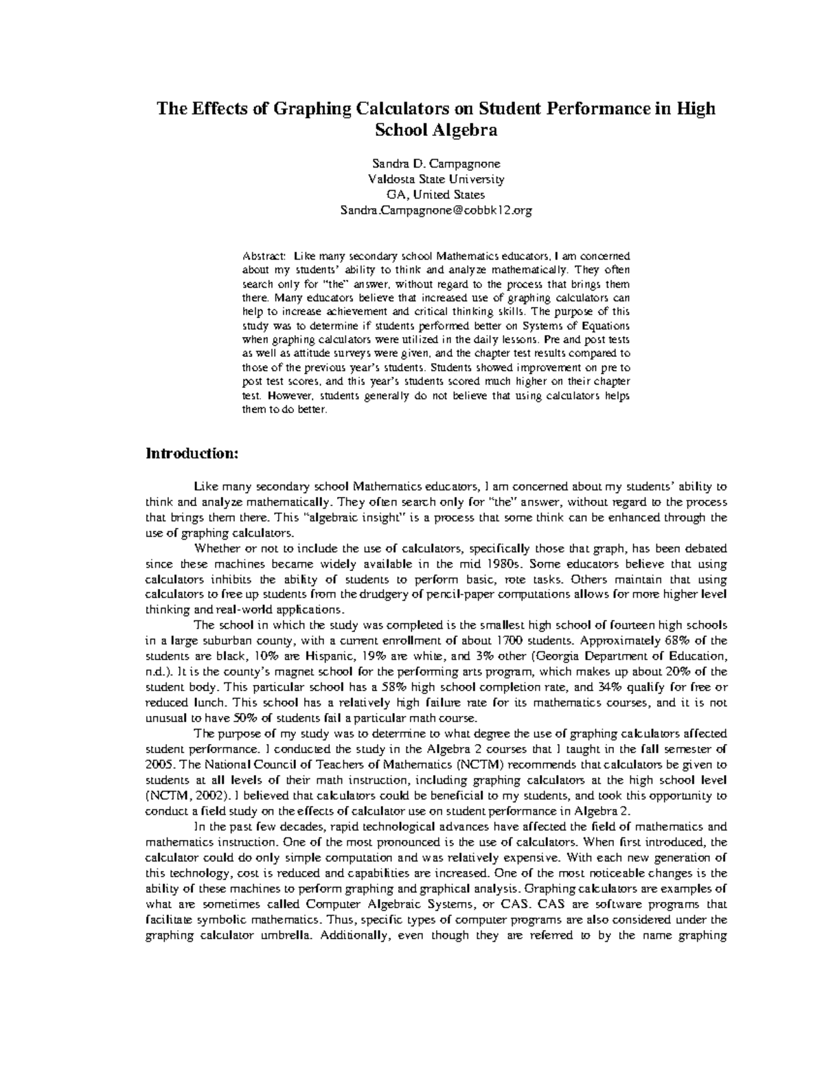 The Impact of Graphing Calculators on Algebra 2 Performance (MATH 201 ...