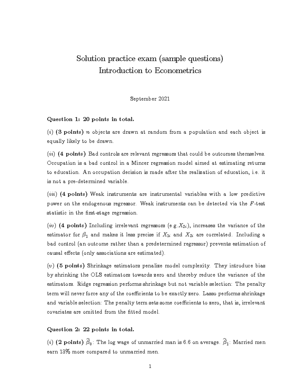 Econometrics Solution Practice Exam - Sample Questions - Studeersnel