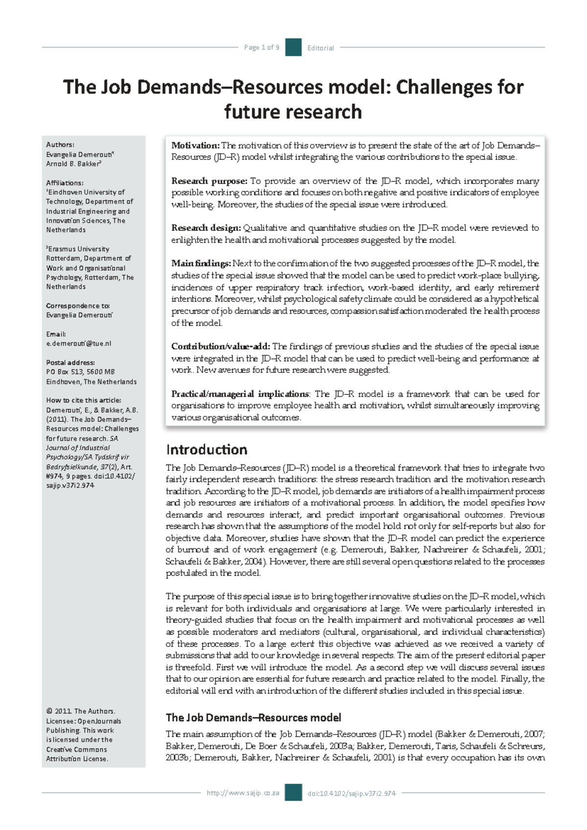 The Job Resources Model: Future Research Challenges and Insights - Studocu