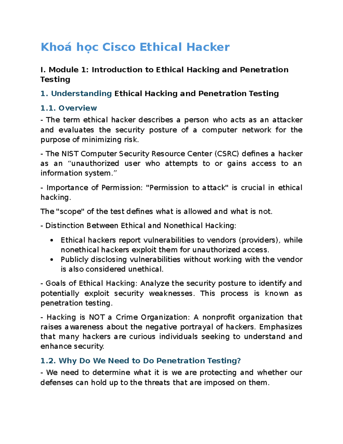 CEH - Module 1: Intro to Ethical Hacking & Penetration Testing - Studocu