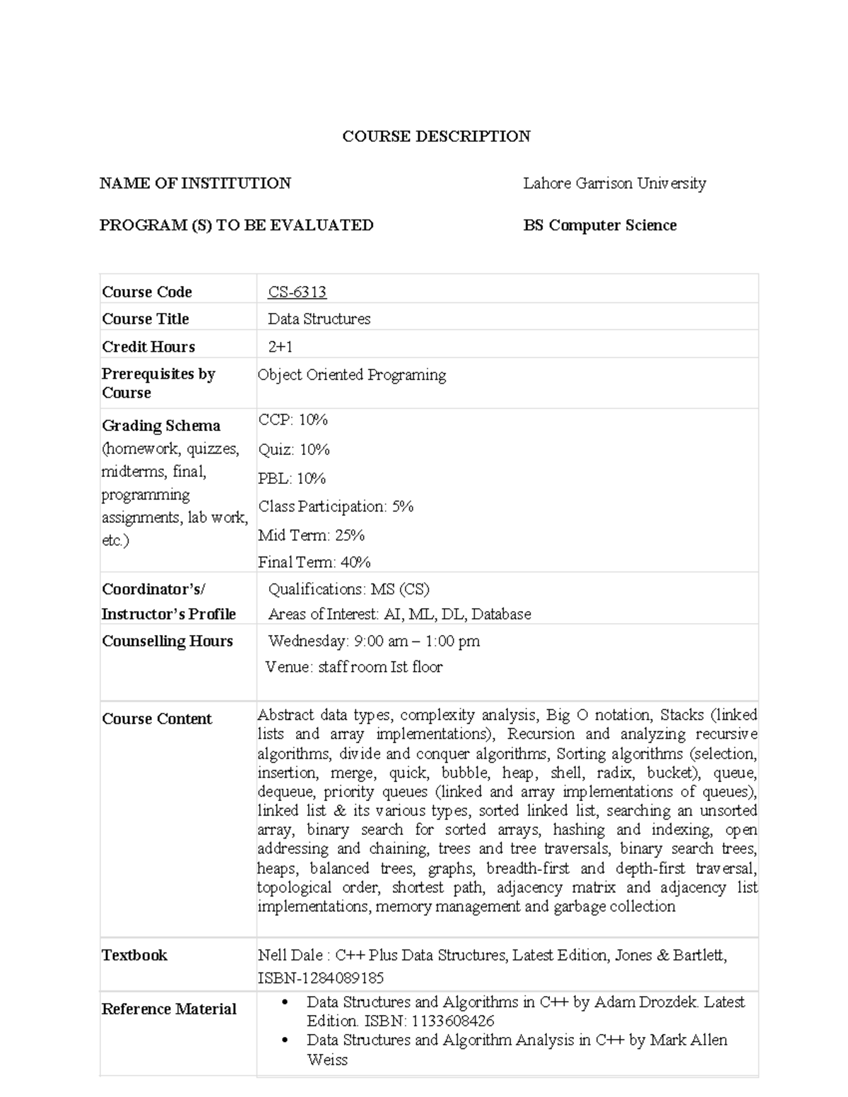 DSA Course Outline - BS Computer Science (Fa25) - Studocu