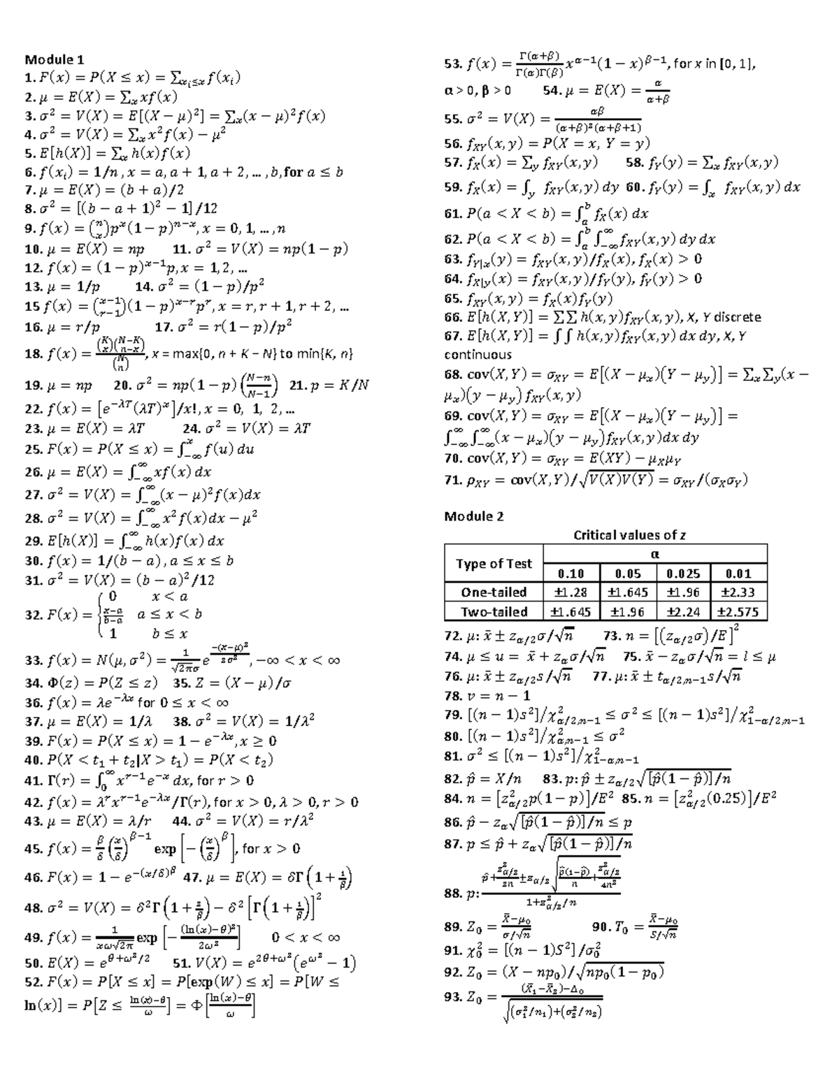 2324-3 MATH142 Probability and Statistics Formulas - Studocu