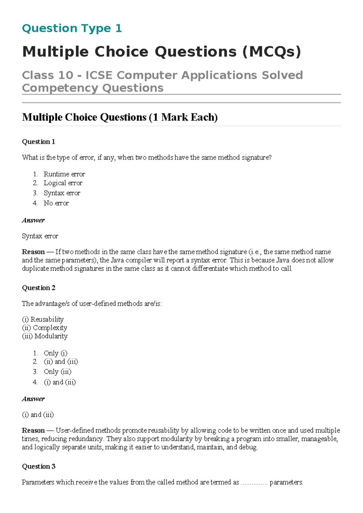 Class 10 ICSE Computer Applications: MCQs & Competency Questions - Studocu