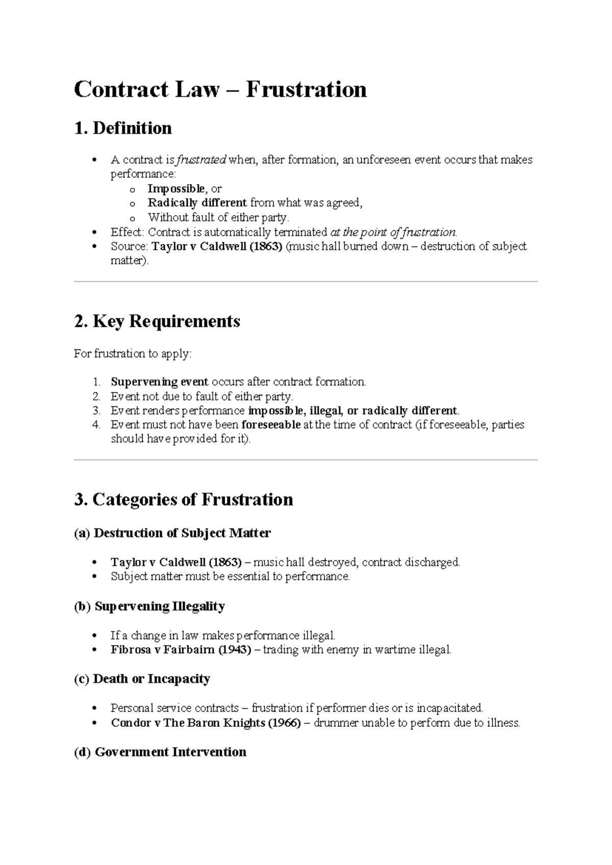 Contract Law - Frustration Overview and Key Concepts - Studocu