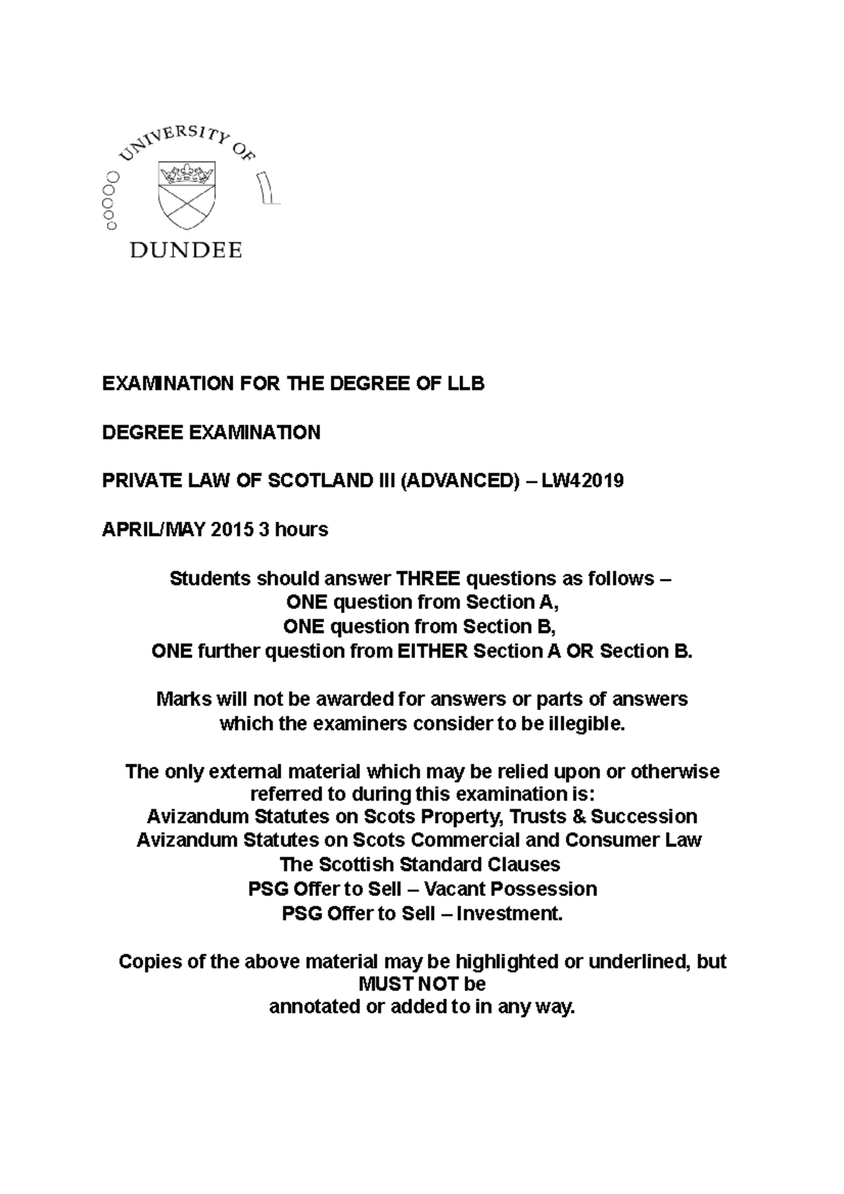 Private Law of Scotland III (Advanced) – LW 2015 Exam Questions & Guide ...