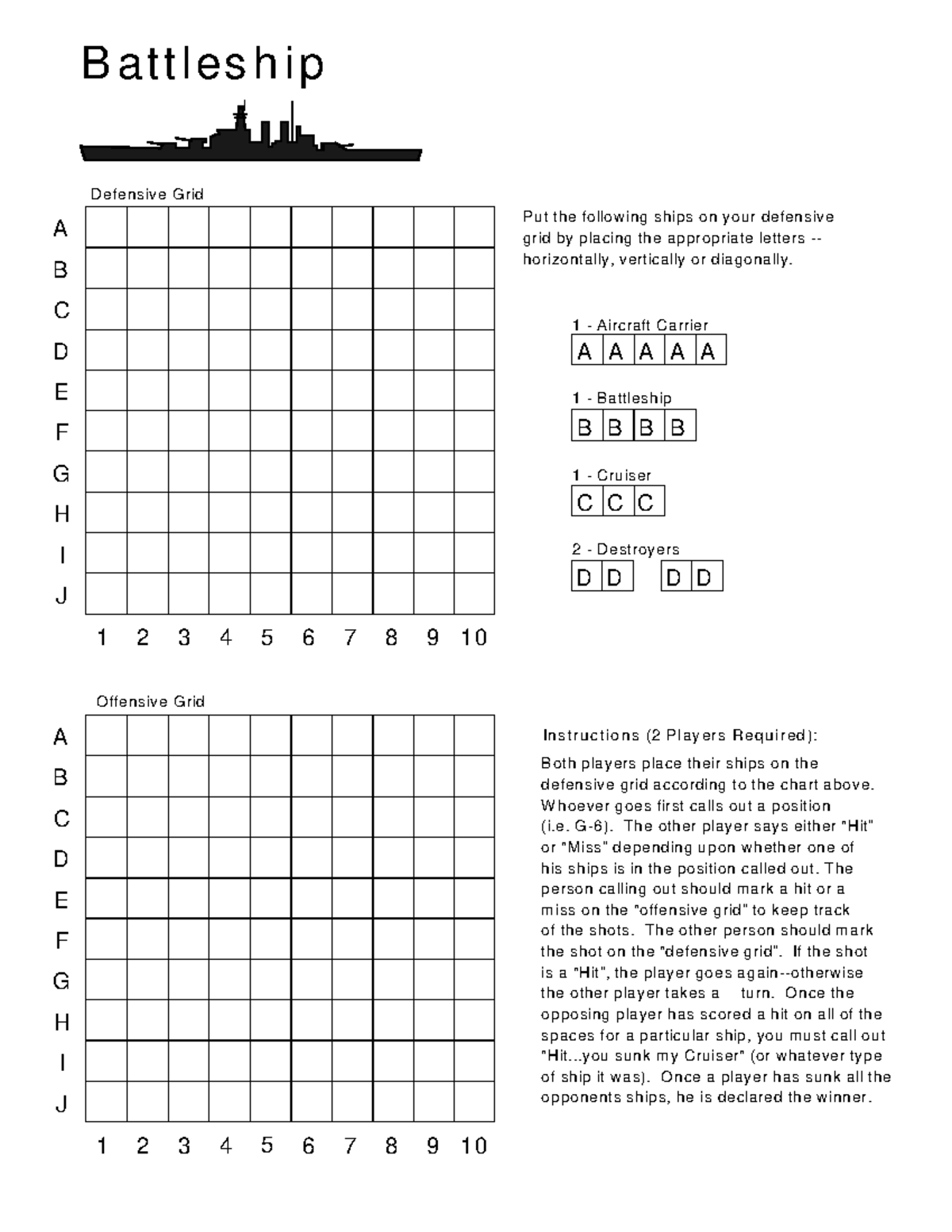Battleships - battleship - Offensive Grid A B C D E F G H I J 1 2 3 4 5 ...