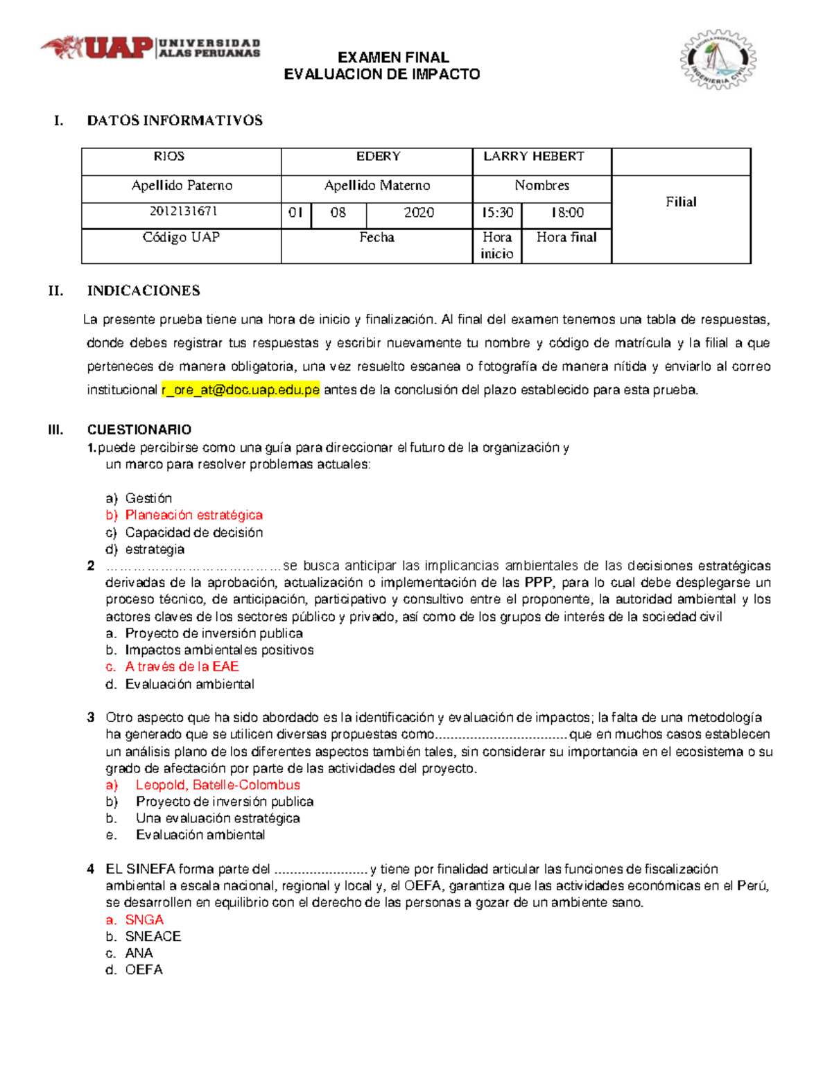 Examen Final - Evaluación de Impacto Ambiental UAP 2020 - Studocu
