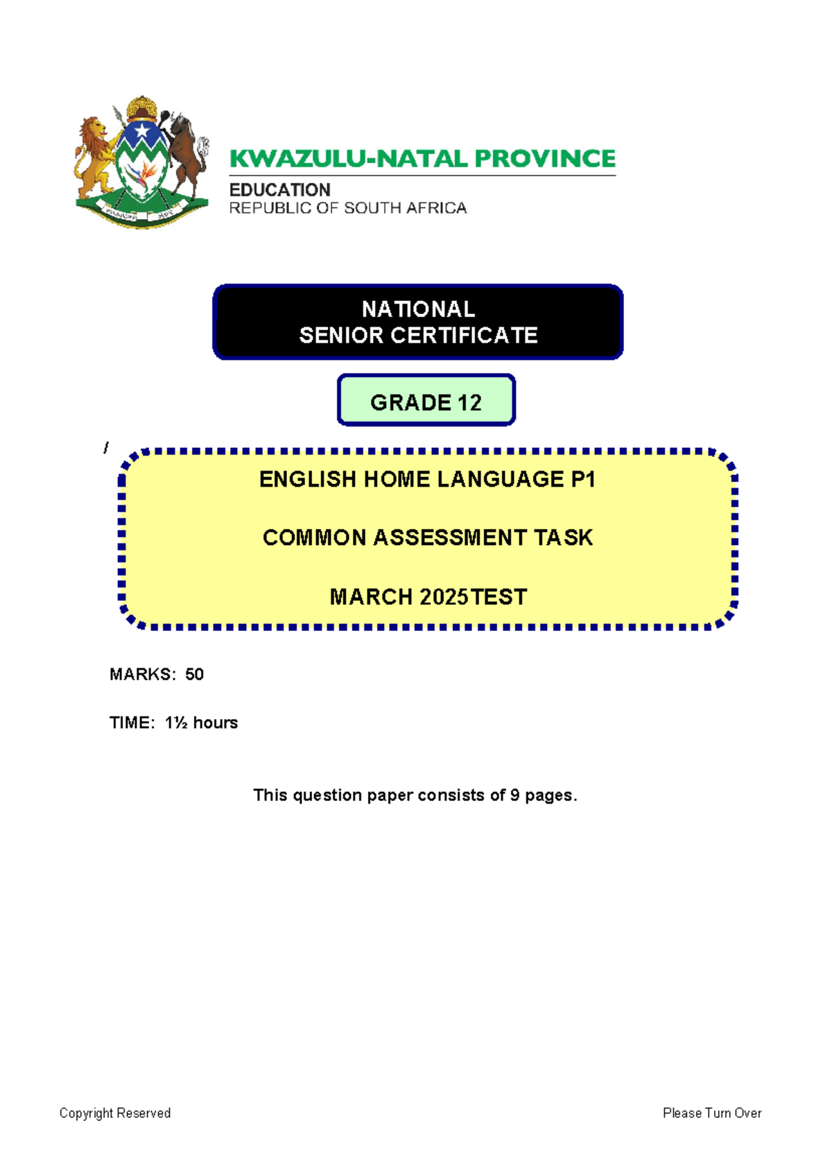 English HL Grade 12 March 2025 P1 Common Assessment Test - Studocu