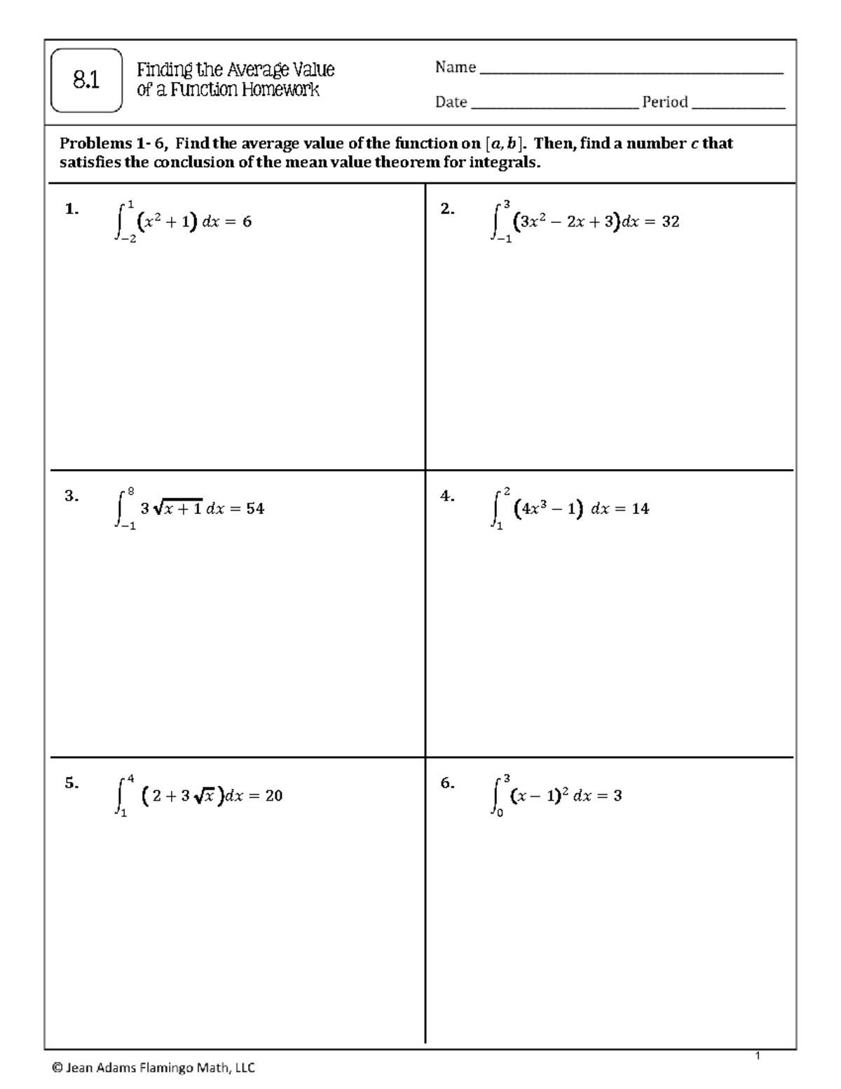 HW 8.1 Mean Value Theorem for Integrals: Average Value Problems - Studocu