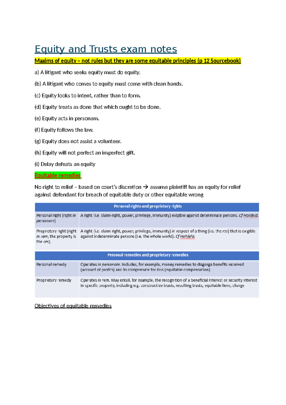 Equity and Trusts revised exam notes - Equity and Trusts exam notes ...