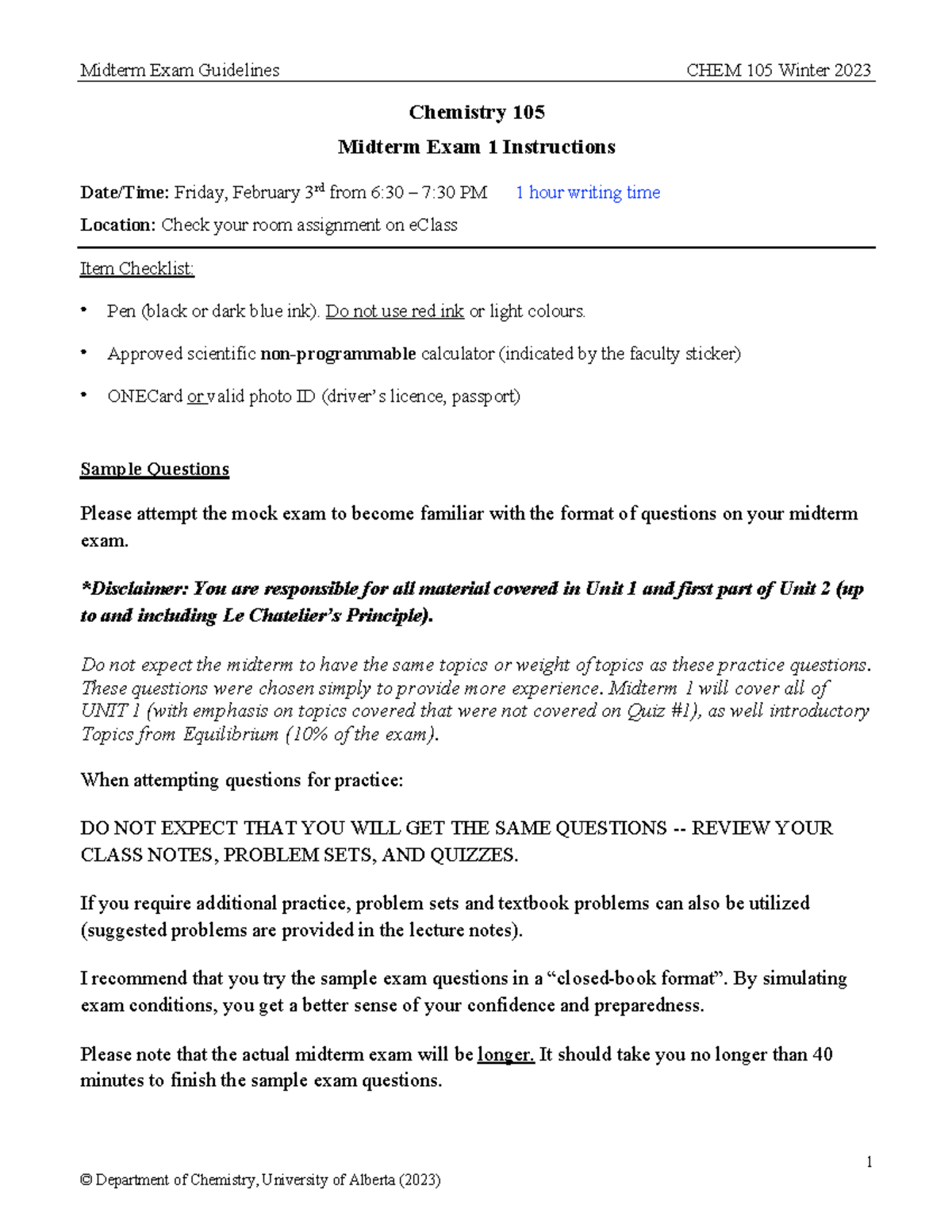 CHEM 105 Winter 2023 Sample Midterm Exam 1 Guidelines - Studocu