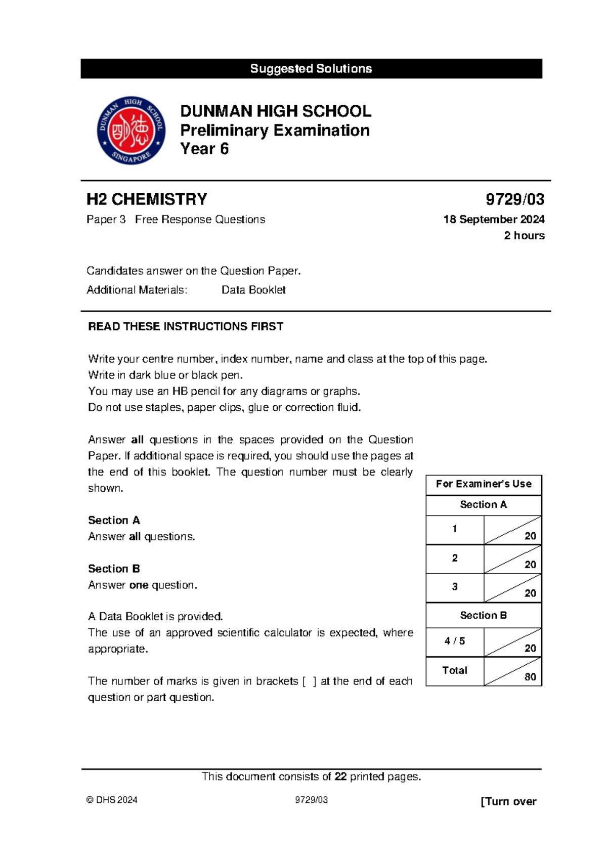 2024 Prelims DHS H2 Chemistry Paper 3 Suggested Solutions - Studocu