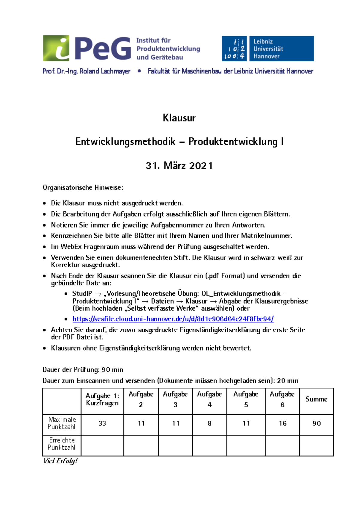 Klausur WS21: Entwicklungsmethodik – Produktentwicklung I – 31.03.2021 - Document Preview