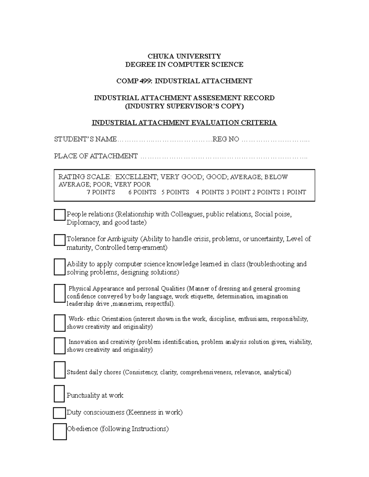 COMP 499: Industrial Attachment Supervisor Assessment Form - Studocu