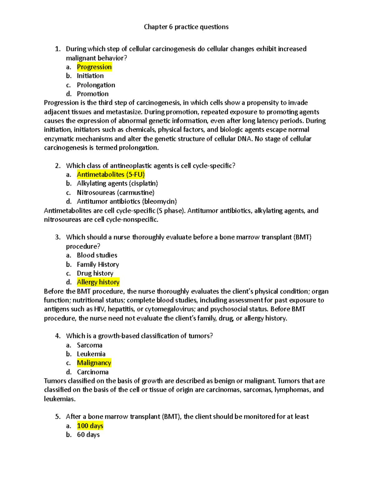 Ch 6 Practice Questions on Cellular Carcinogenesis & Treatment - Studocu