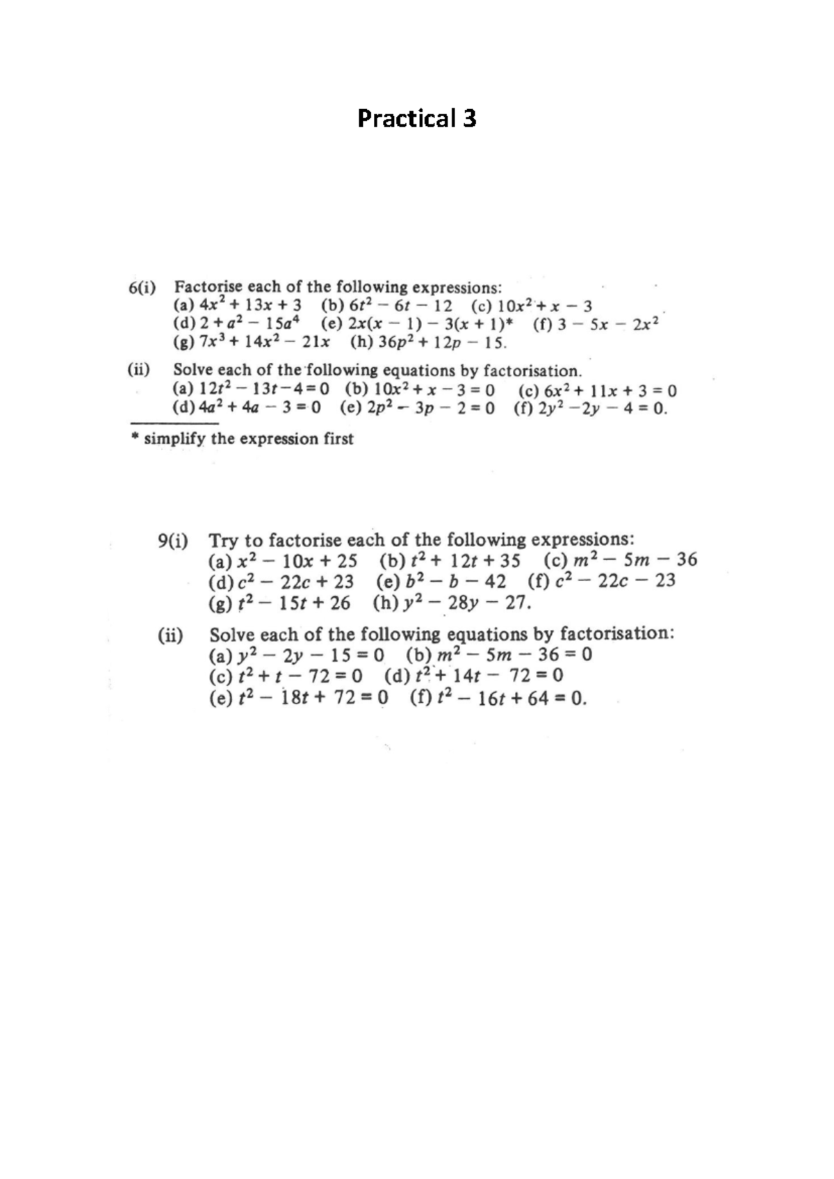 Practical 3 Questions 2025: Factorisation & Equations - Studocu