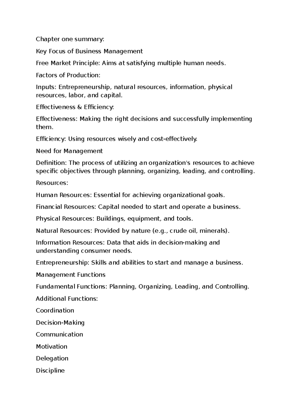 BUS 101: Chapter 1 Summary - Key Concepts in Business Management - Studocu