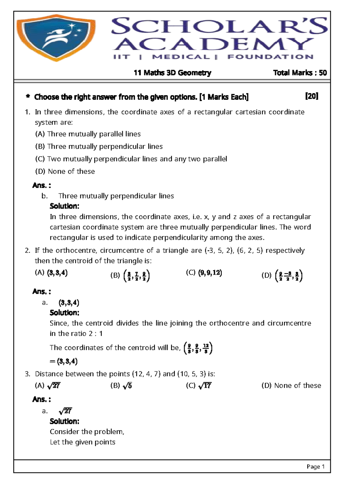 11 Maths 3D Geometry Quiz Questions and Solutions - Studocu