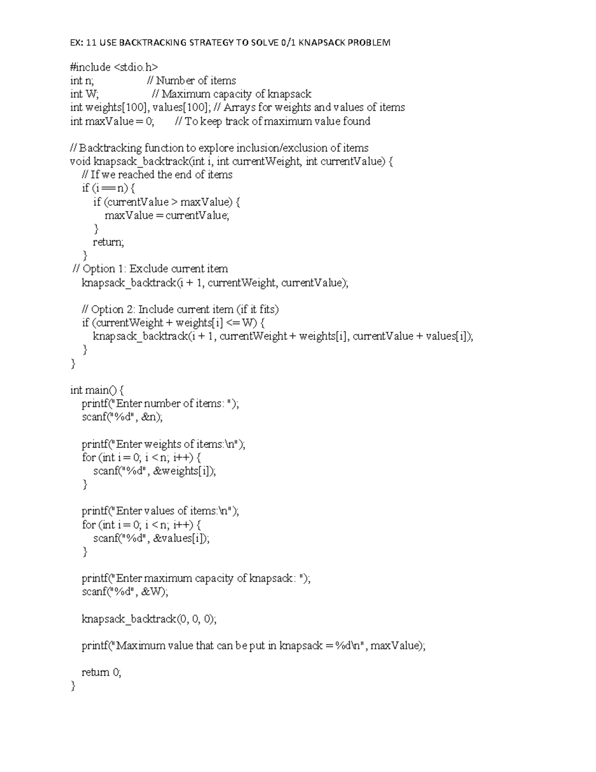 EX 11 - Backtracking Strategy for Knapsack Problem Solution - Studocu