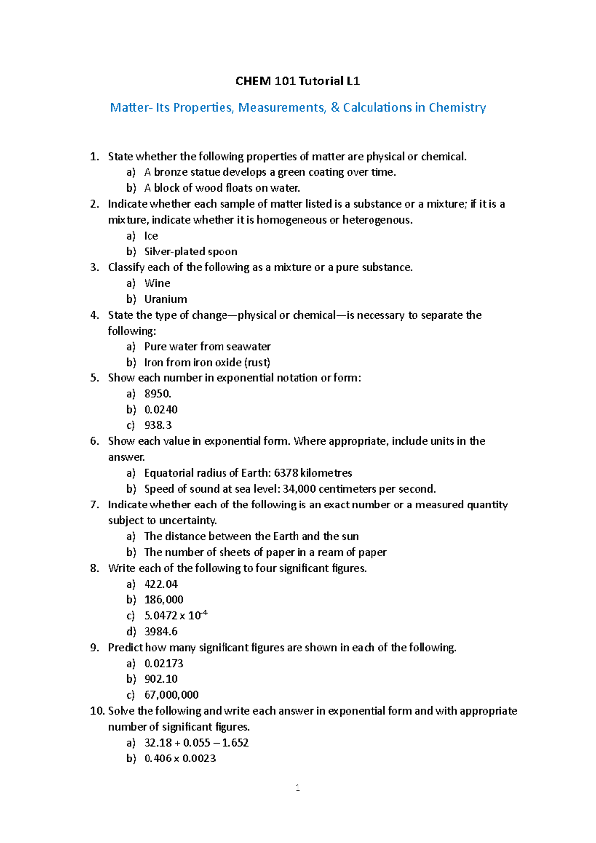 CHEM 101 Tutorial L1 - Properties, Measurements & Calculations in ...