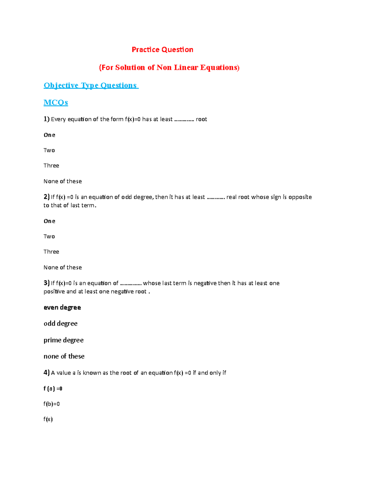 Practice Questions for MTH603: Non-Linear Equations MCQs & Descriptive ...