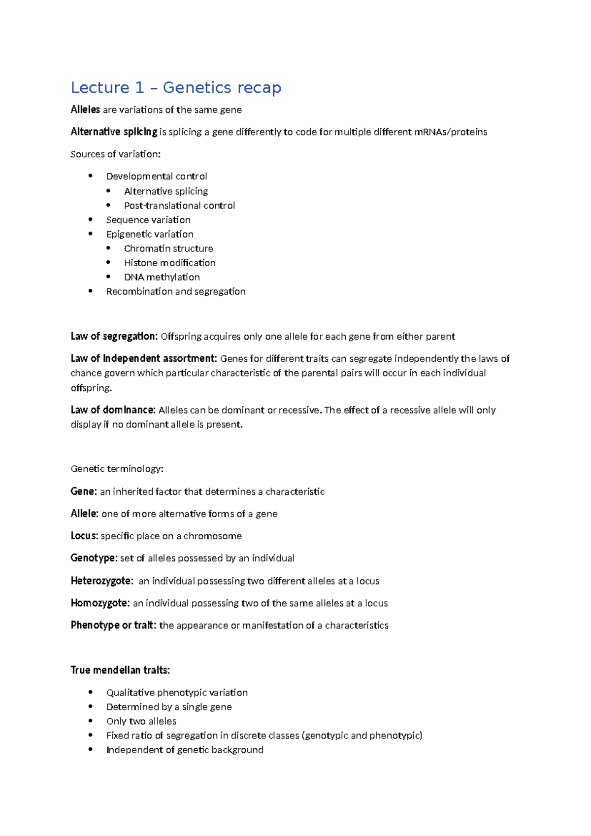 Lecture Notes: Genetics Overview and Key Concepts in DMD (BIO 101 ...