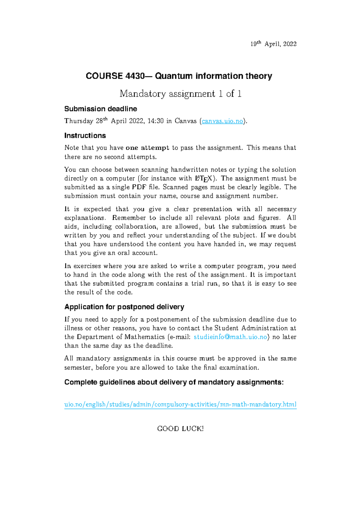 Quantum Information Theory (QIT) - Mandatory Assignment 1 (Due: Apr 28 ...