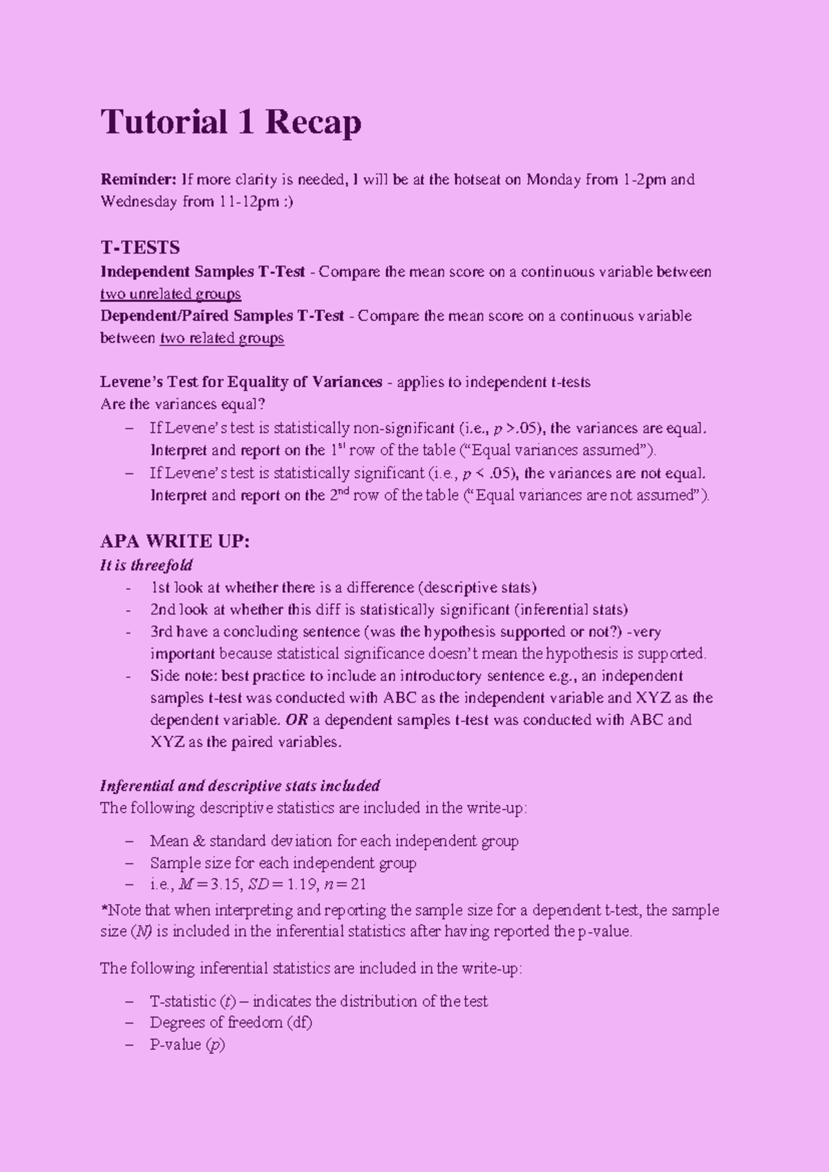 BUS3004S Tutorial: Understanding T-Tests and APA Write-Up - Studocu