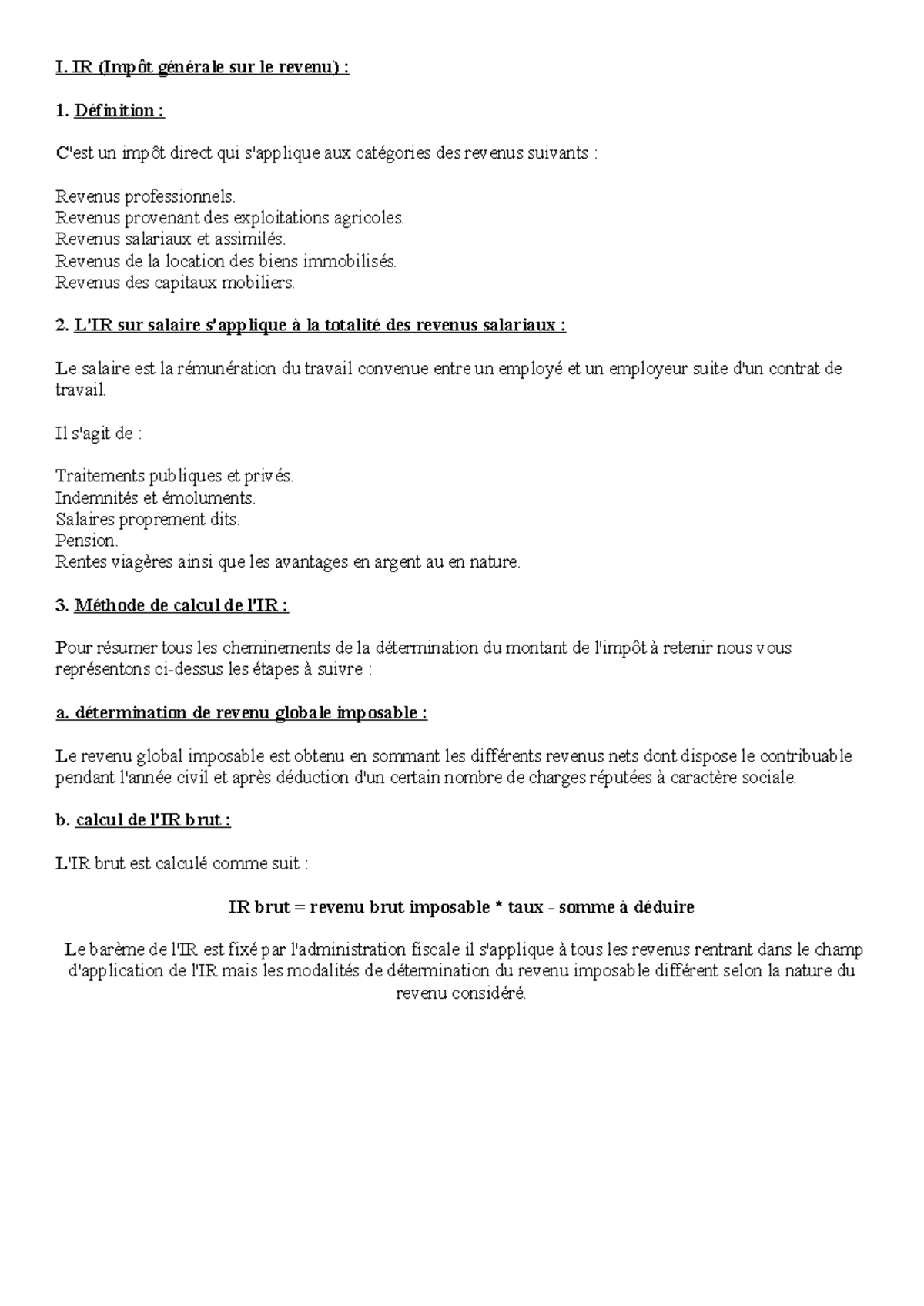 IR - Cours sur l'Impôt sur le Revenu et son Calcul détaillé - Studocu